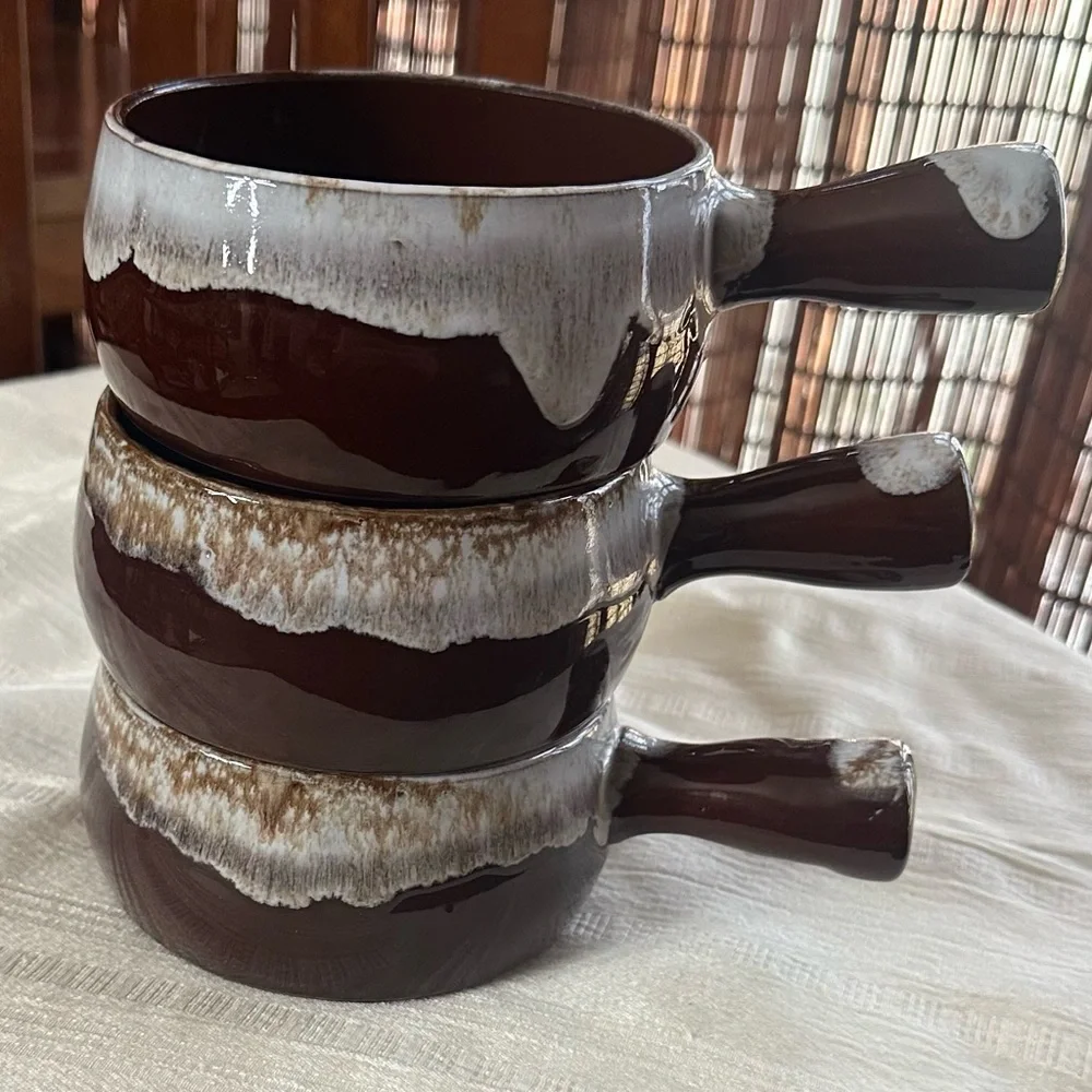 Vintage Japan French Onion Soup Bowls Set 3 Brown Drip Glaze Stoneware